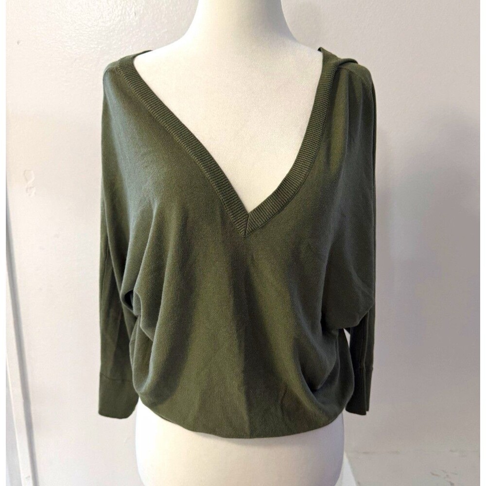 Express Women’s Medium Olive Green Deep V-Neck Dolman Sleeve Knit Sweater Top